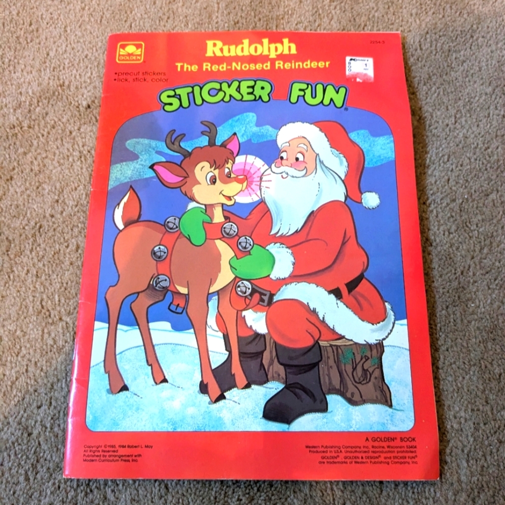 Vintage 80s Rudolph Red Nosed Reindeer Golden sticker fun coloring book unused